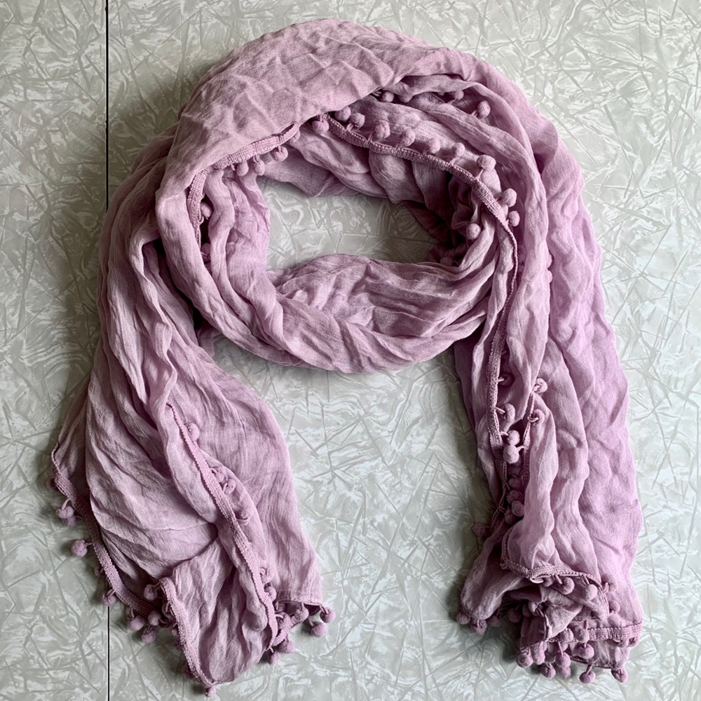 NWOT Bindya Gauzy Lavender Pom-Pom Scarf
